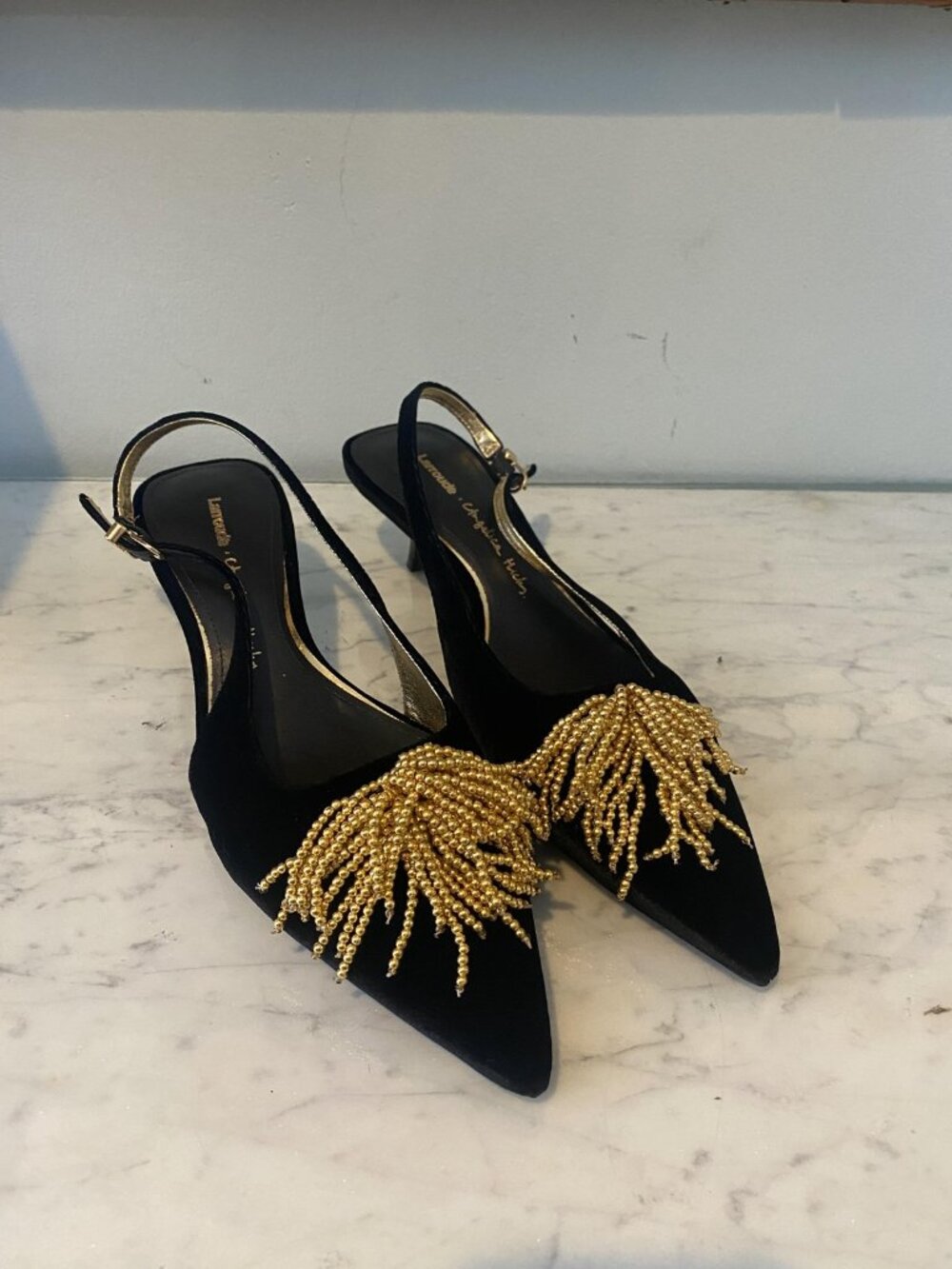 Larroude Angelica Hicks Shoes Womens Size 7.5 Black Suede Beaded Slingback Heels - Picture 2 of 6